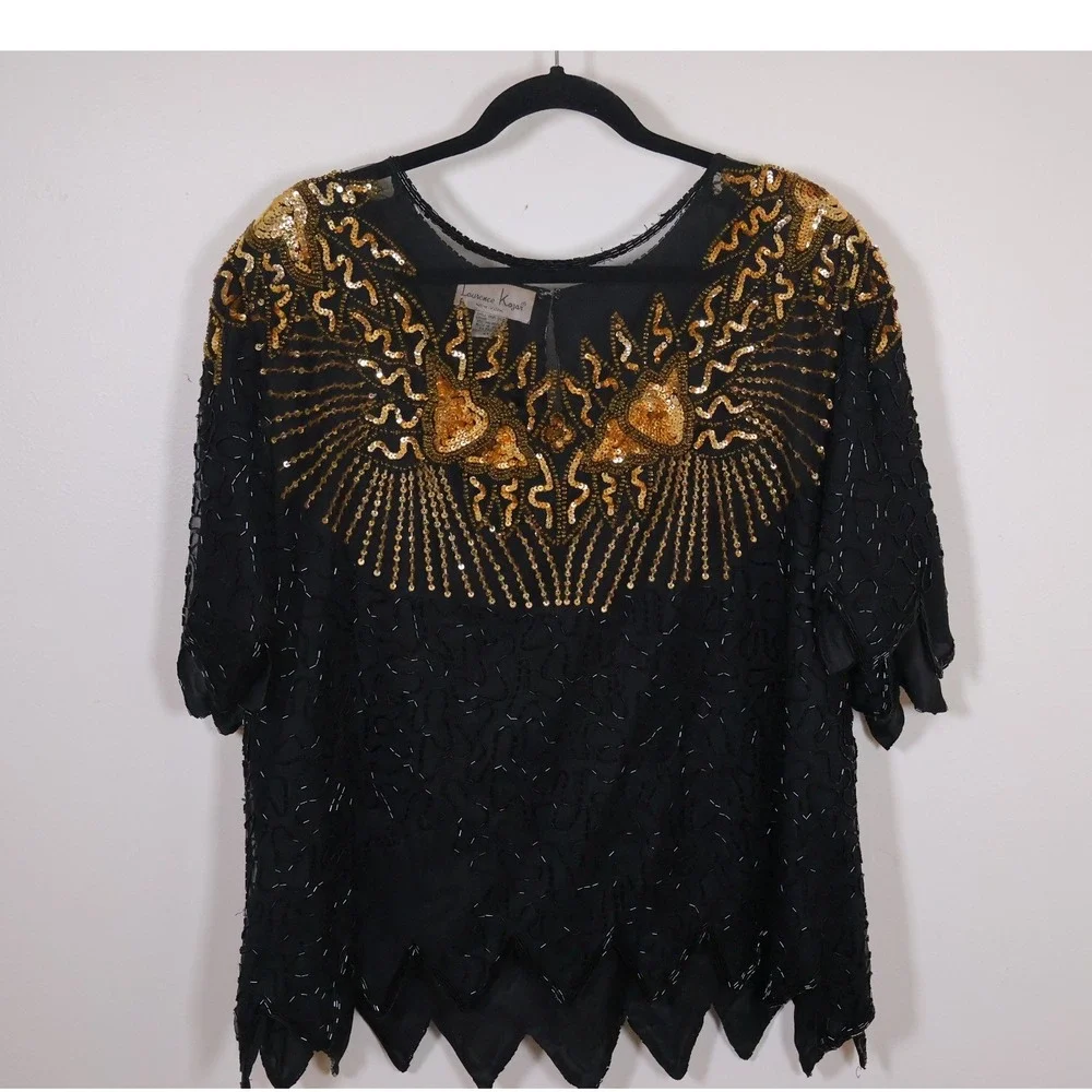 Laurence Kazar Blouse Black Gold Sequin Vintage Glam‎
